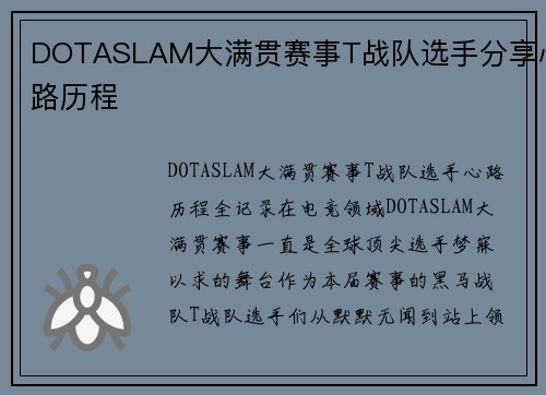 DOTASLAM大满贯赛事T战队选手分享心路历程