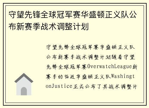 守望先锋全球冠军赛华盛顿正义队公布新赛季战术调整计划